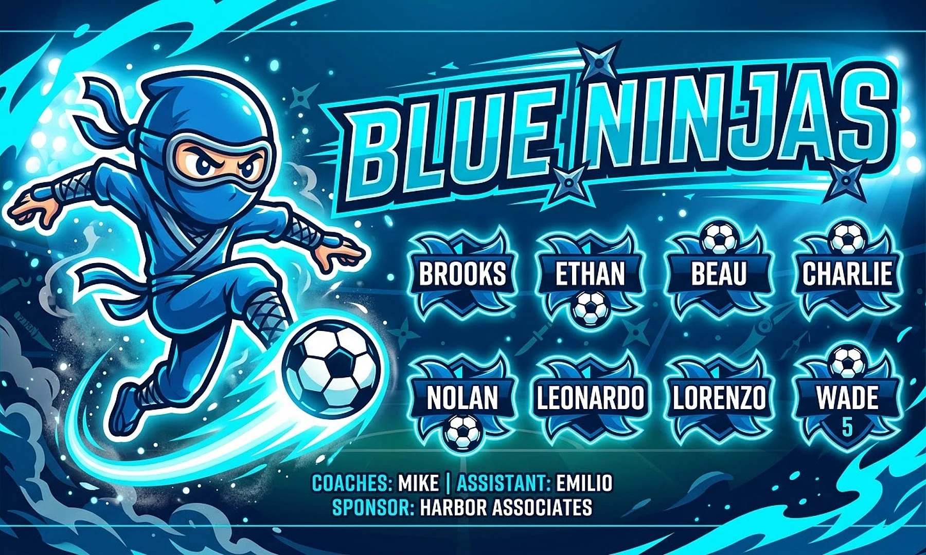 Blue Ninjas soccer team banner created with AI