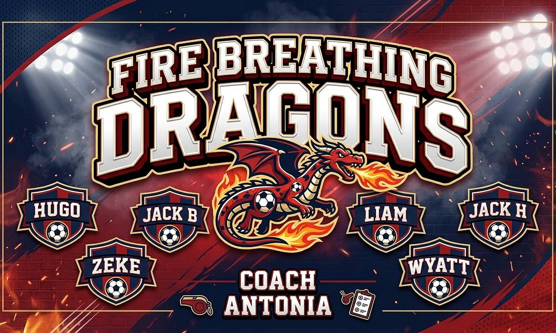 Fire breathing dragons soccer team banner created with AI