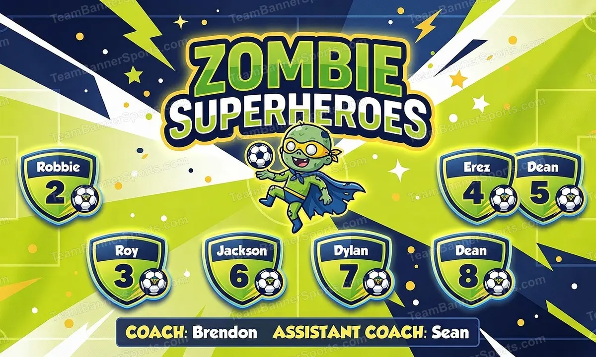 Zombie Superheroes soccer team banner created with AI