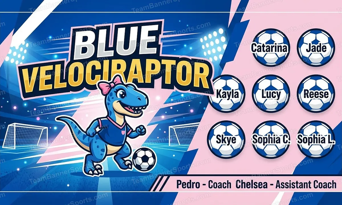 Blue Velociraptor soccer team banner created with AI