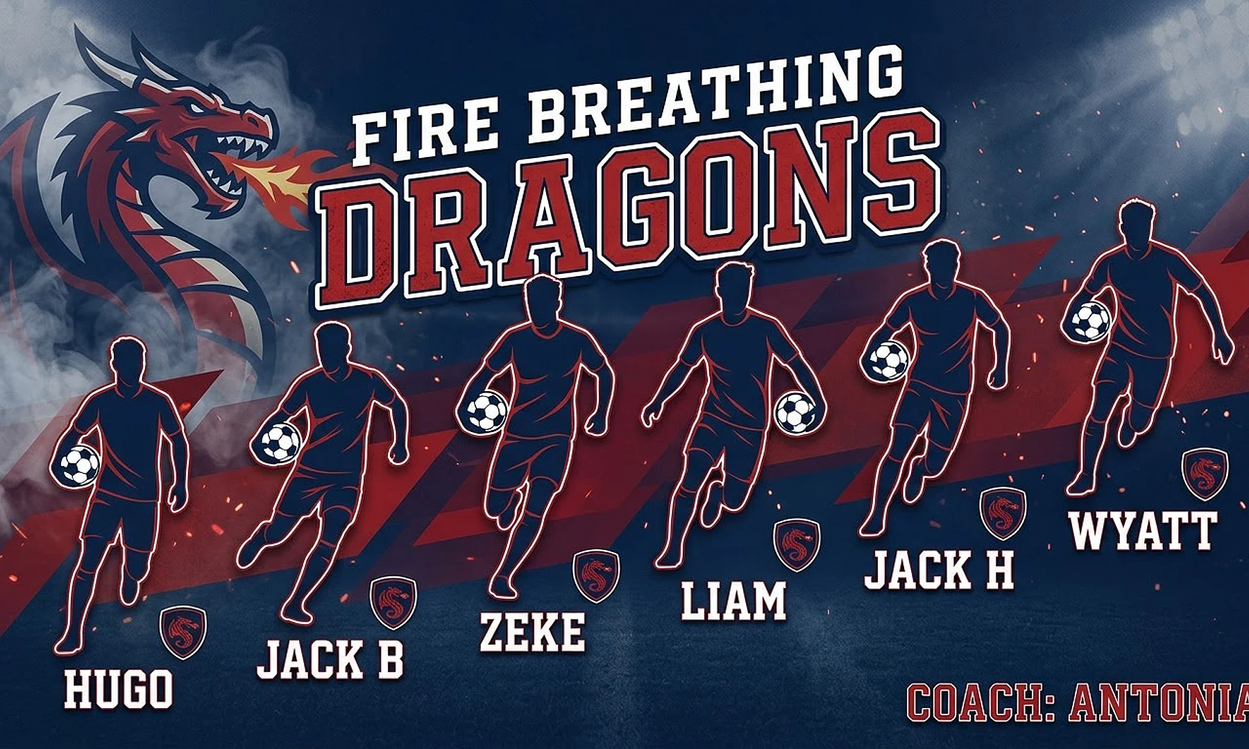 Fire breathing dragons soccer team banner created with AI