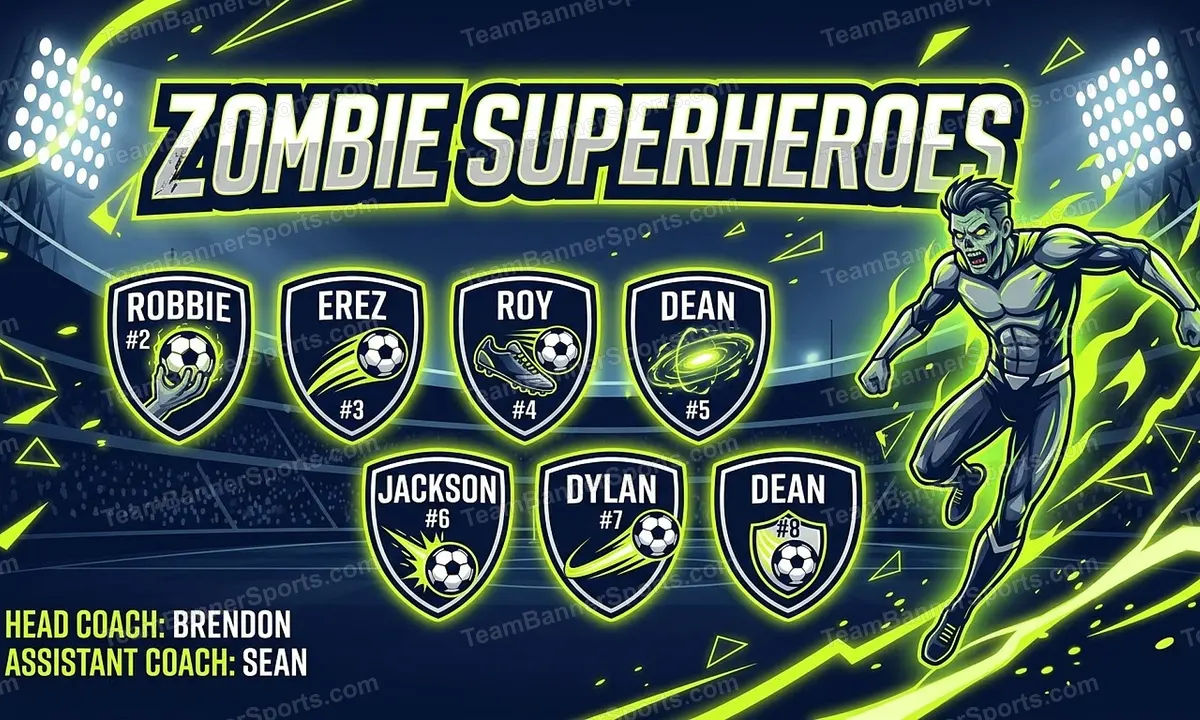 Zombie Superheroes soccer team banner created with AI