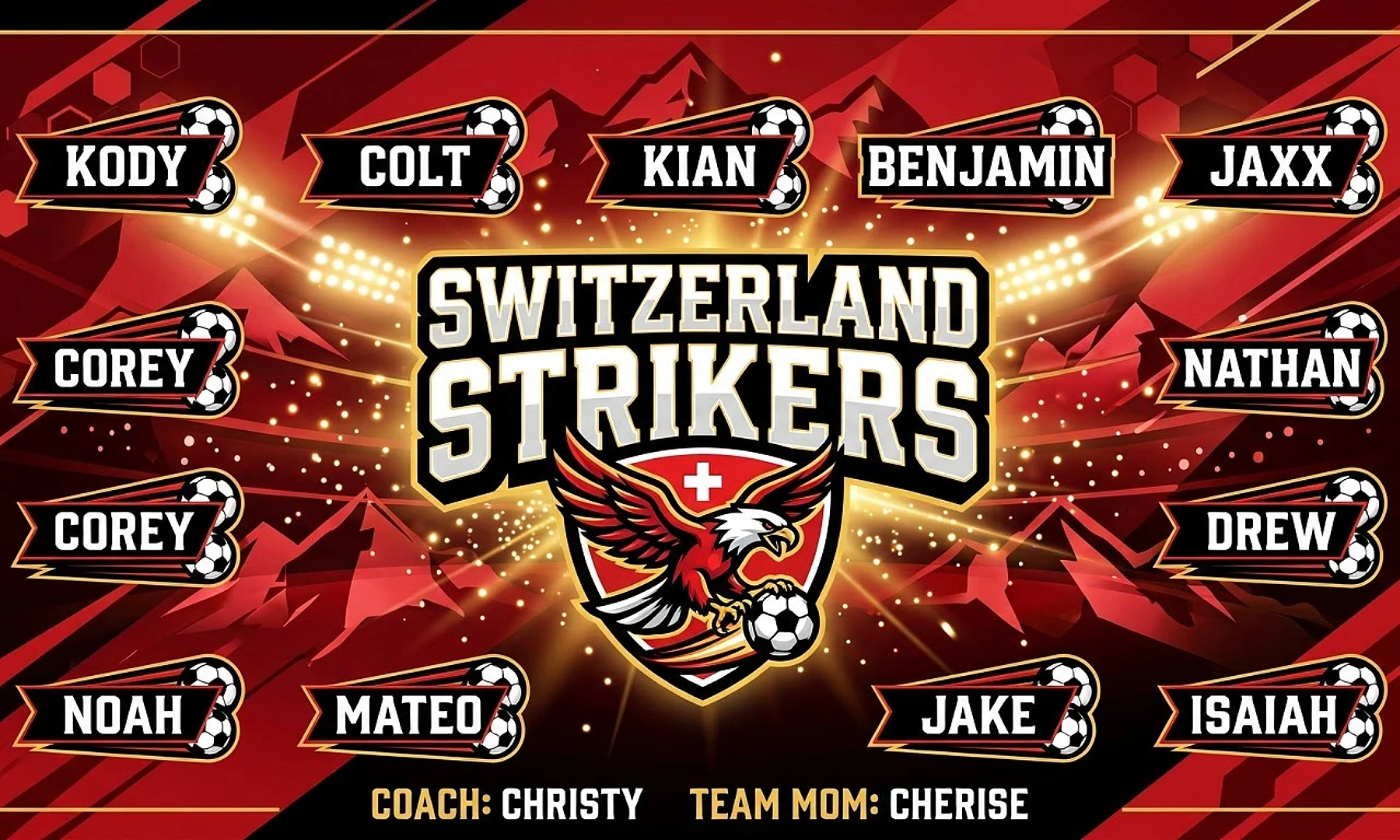 Switzerland Strikers soccer team banner created with AI