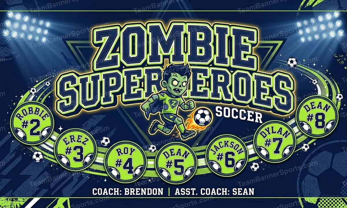 Zombie Superheroes soccer team banner created with AI