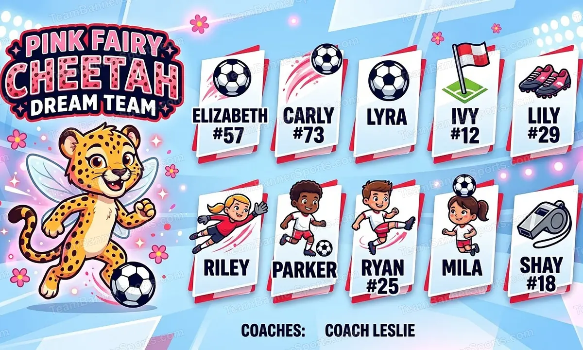 Pink Fairy Cheetah Dream Team soccer team banner created with AI