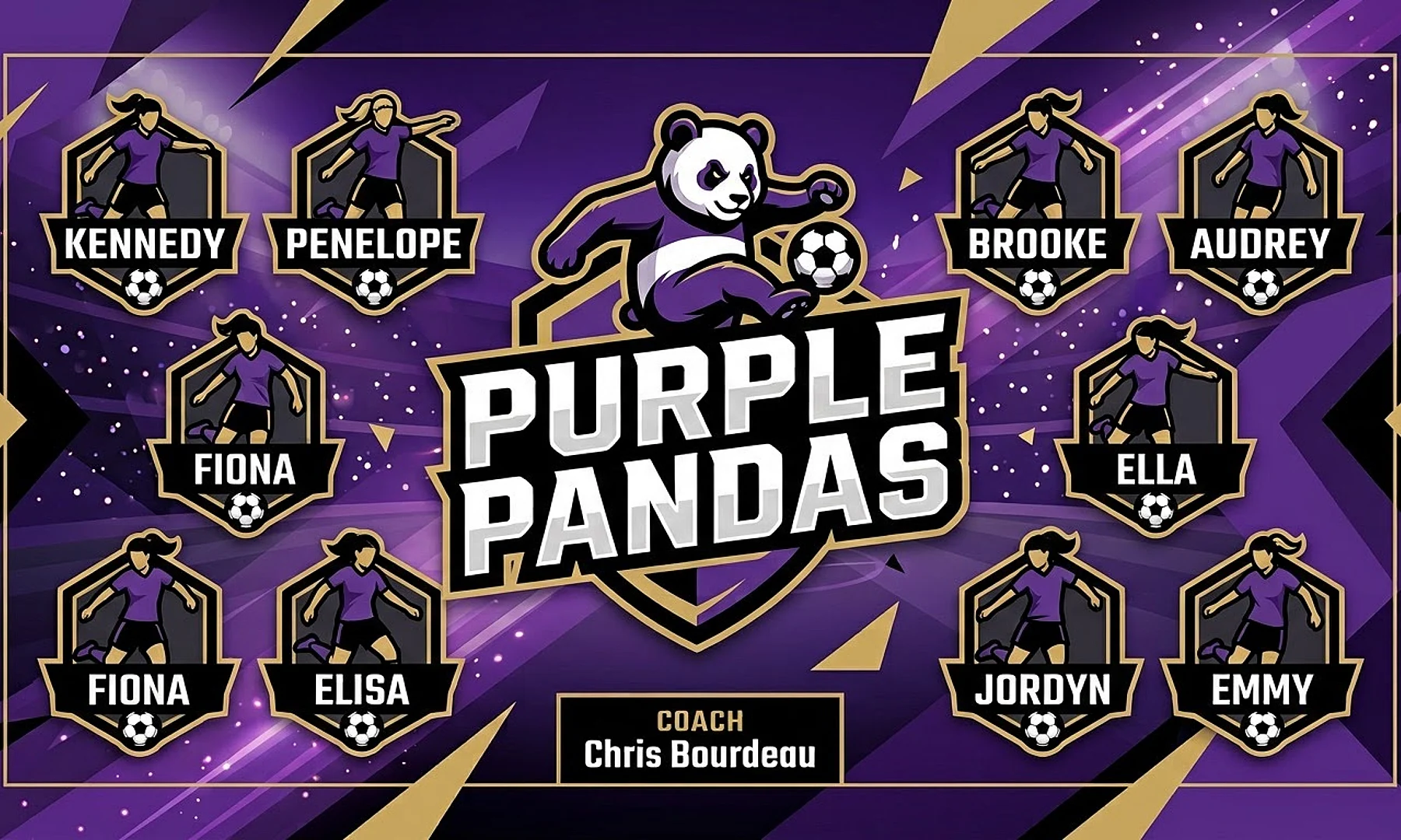 Purple pandas soccer team banner created with AI
