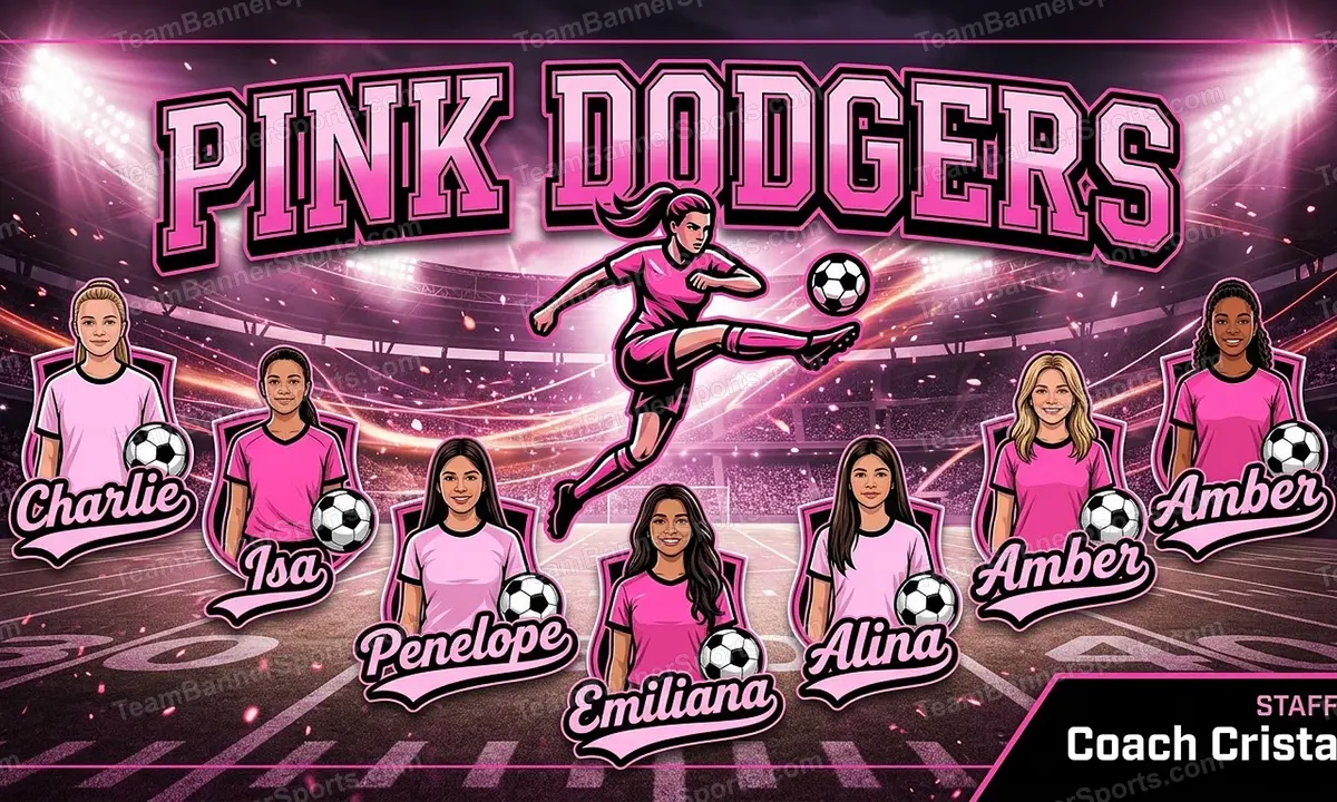Pink Dodgers soccer team banner created with AI