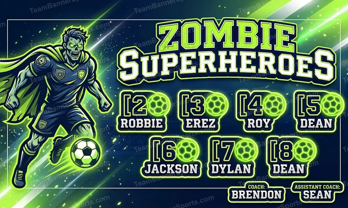 Zombie Superheroes soccer team banner created with AI