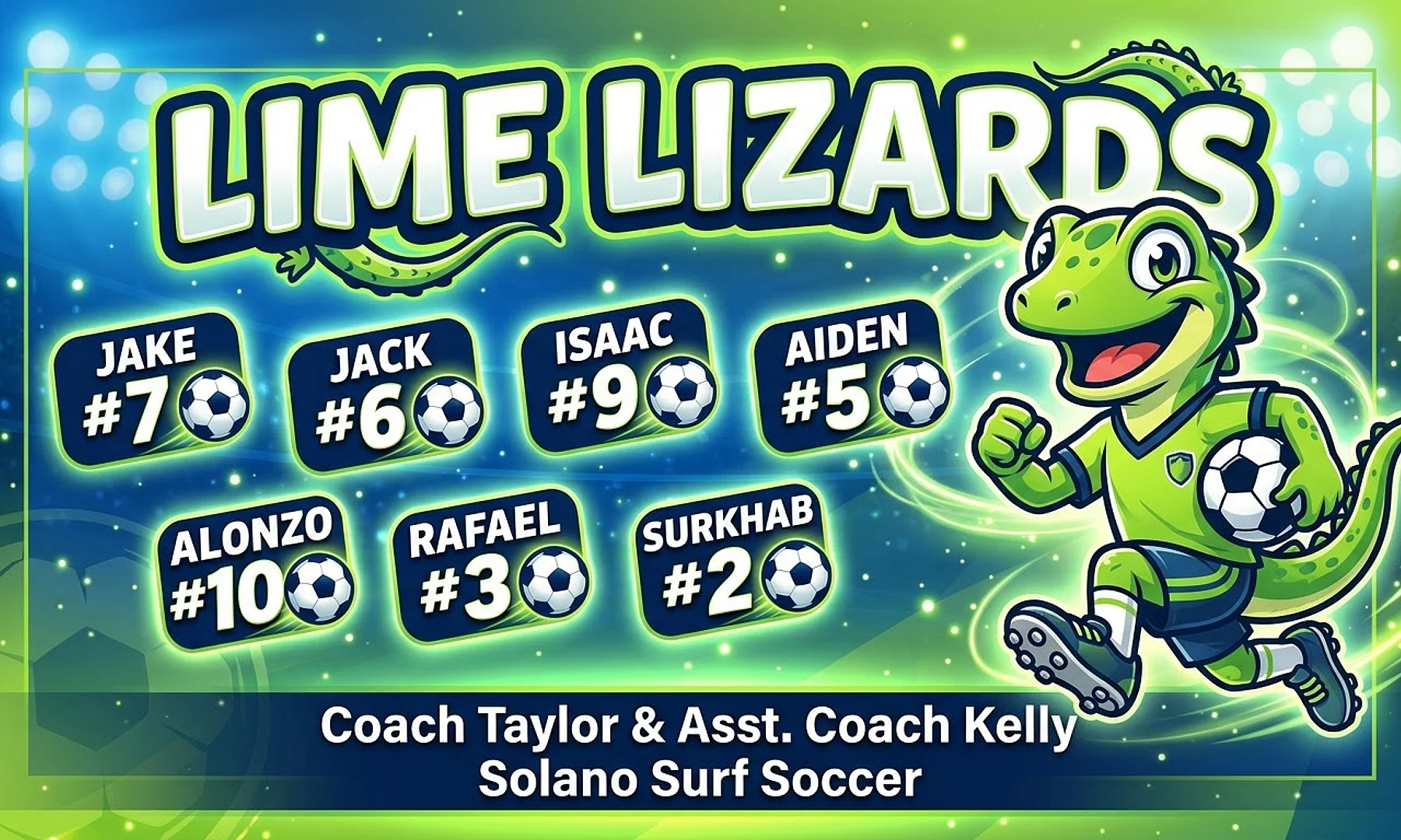 LIME LIZARDS soccer team banner created with AI