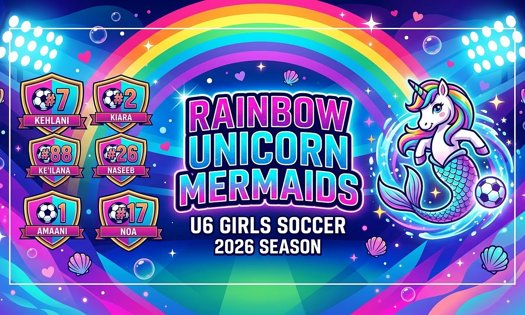 Rainbow Unicorn Mermaids soccer team banner created with AI