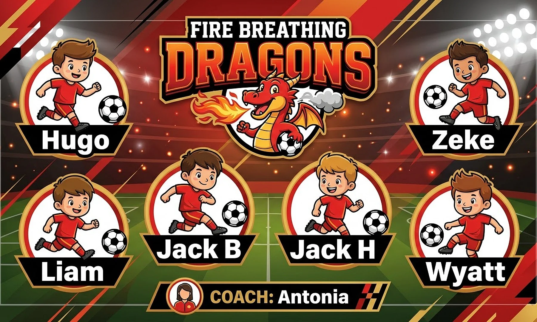 Fire breathing dragons soccer team banner created with AI