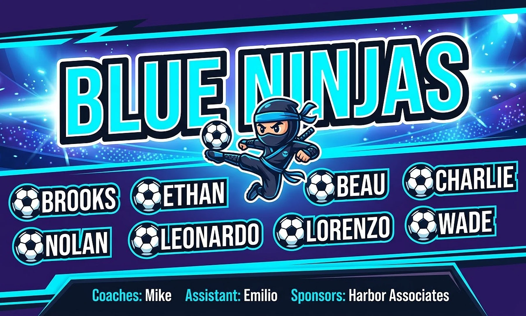 Blue Ninjas soccer team banner created with AI