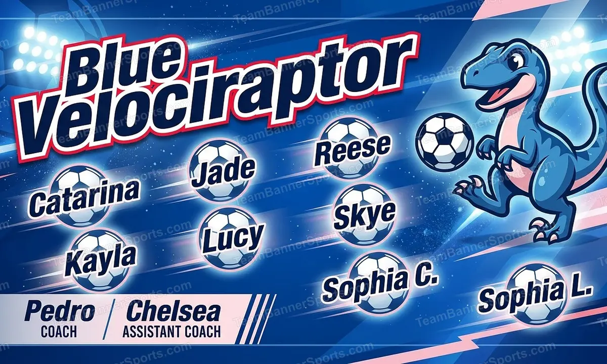 Blue Velociraptor soccer team banner created with AI