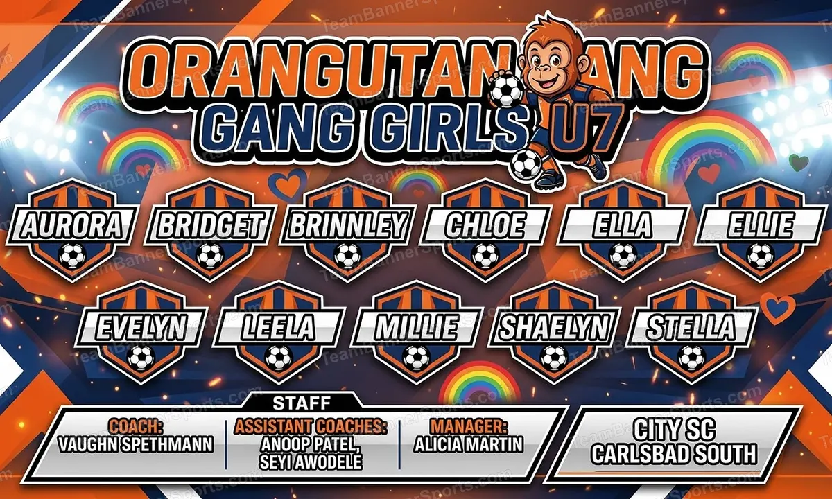 Orangutan Gang Girls U7 soccer team banner created with AI