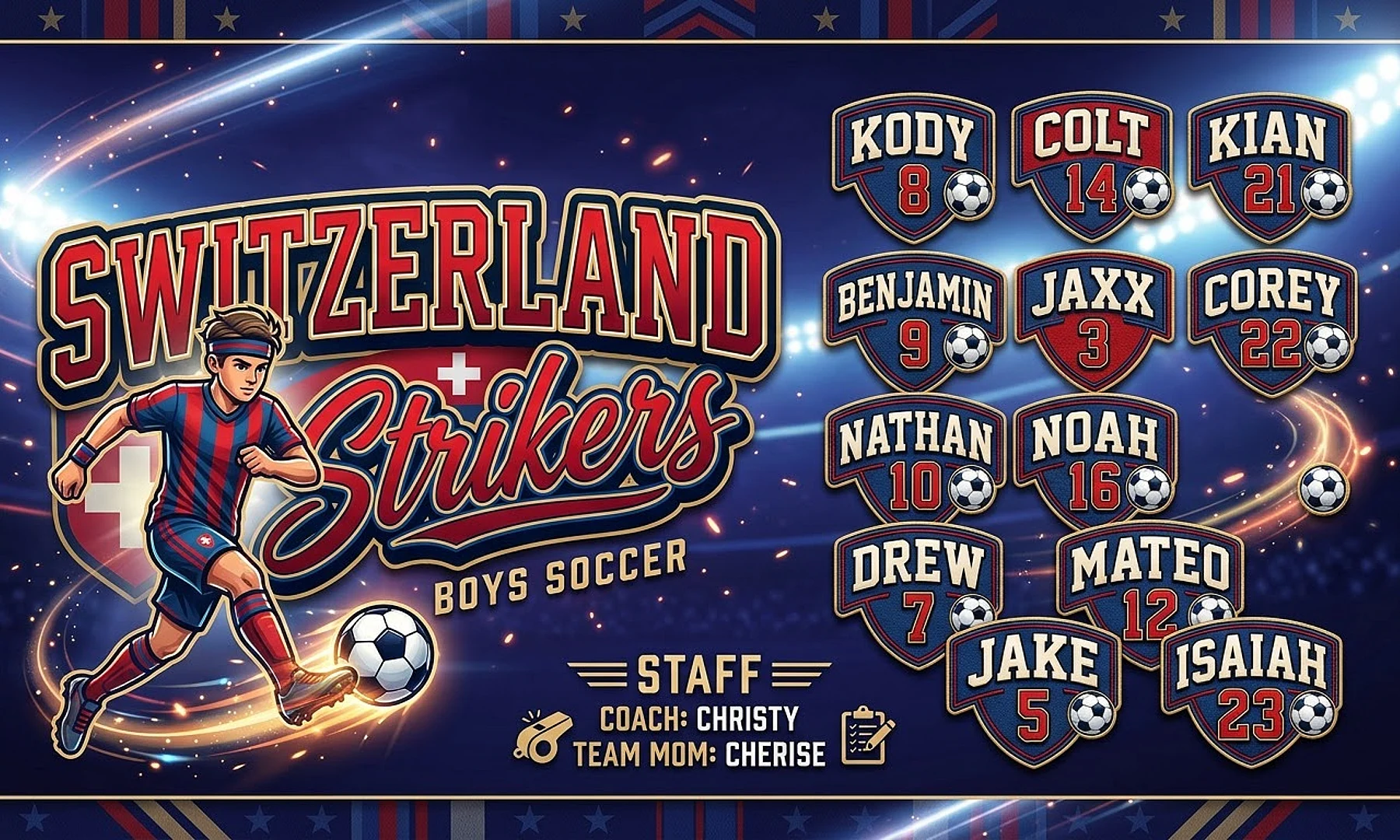 Switzerland Strikers soccer team banner created with AI