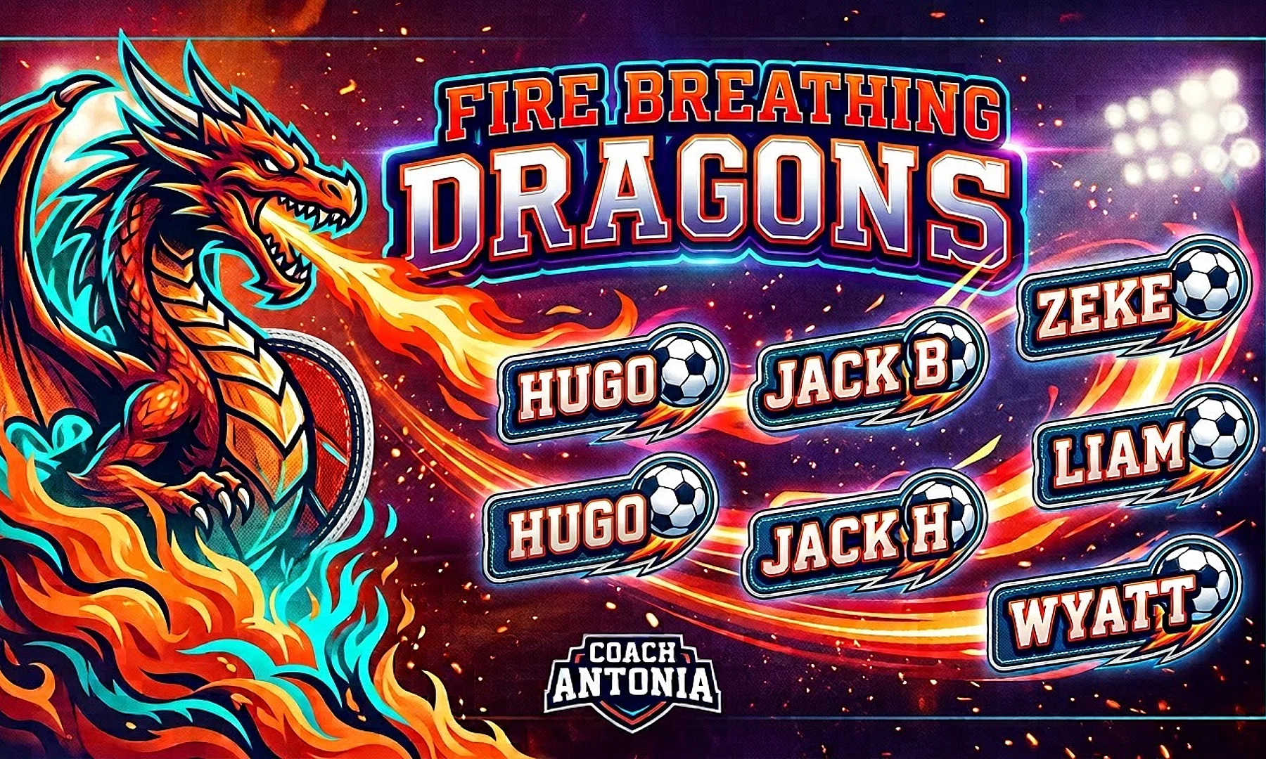Fire breathing dragons soccer team banner created with AI
