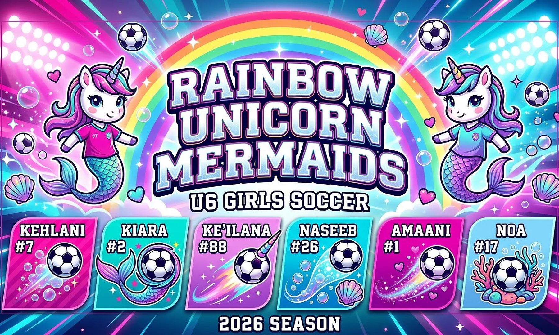 Rainbow Unicorn Mermaids soccer team banner created with AI