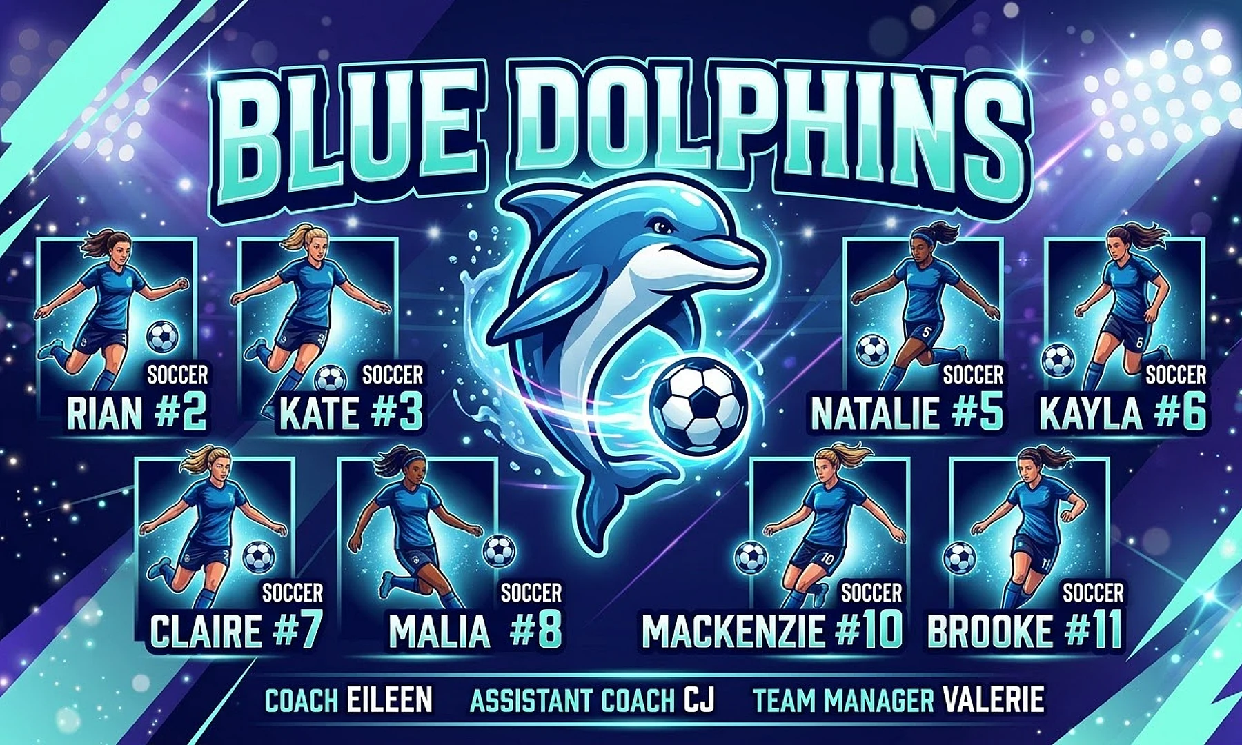 Blue Dolphins soccer team banner created with AI
