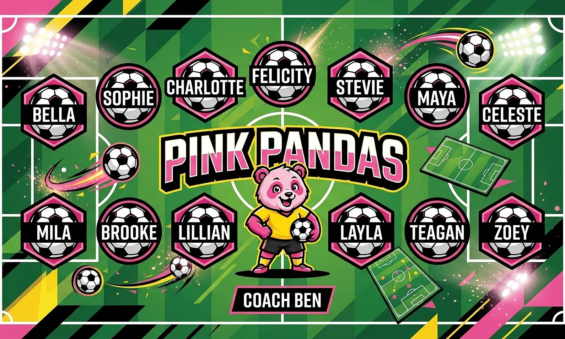Pink Pandas soccer team banner created with AI