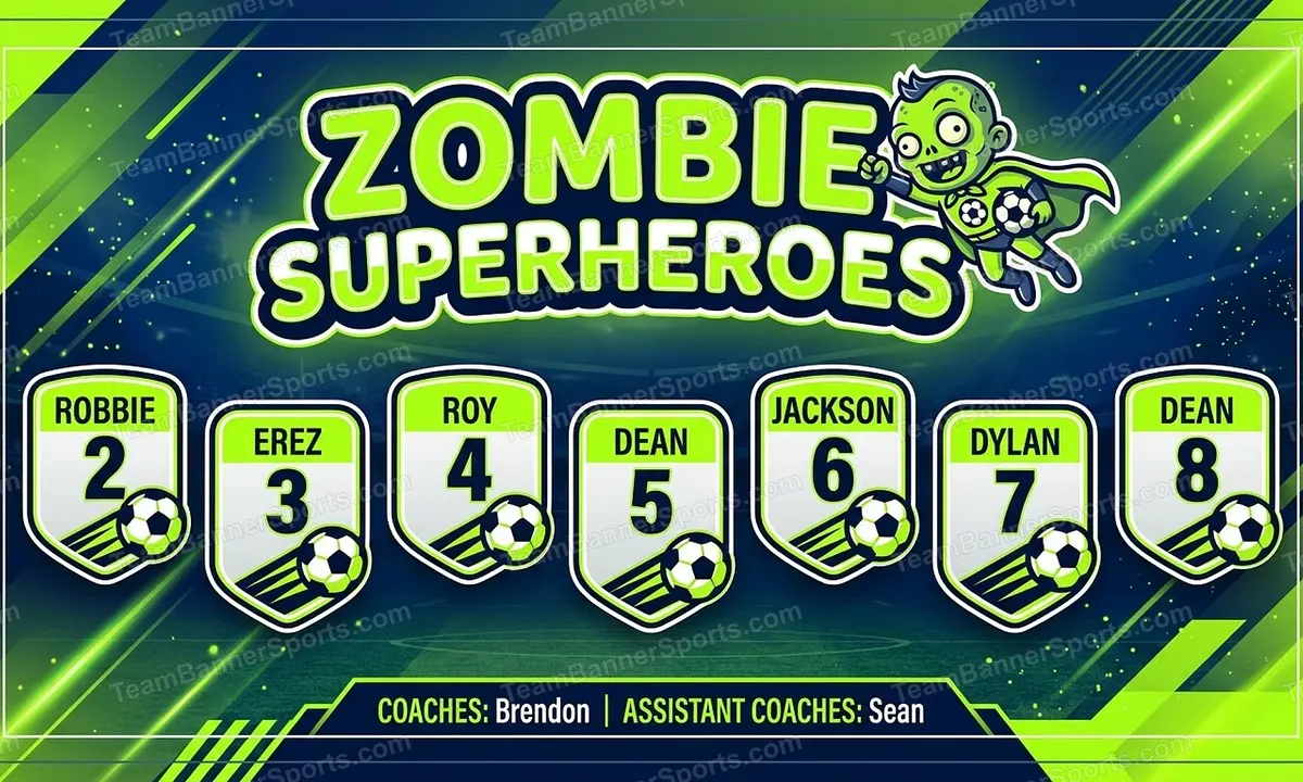 Zombie Superheroes soccer team banner created with AI