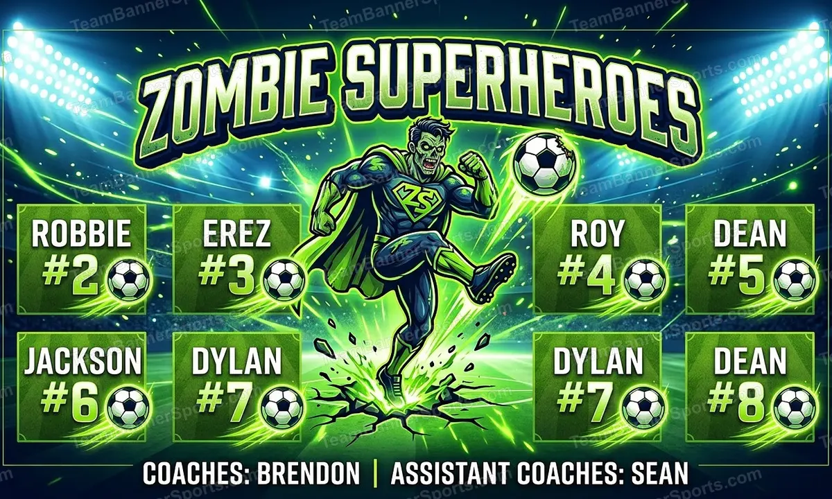 Zombie Superheroes soccer team banner created with AI