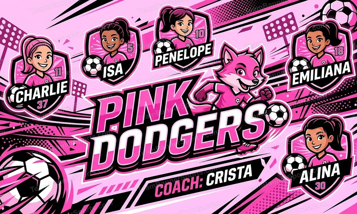Pink dodgers soccer team banner created with AI