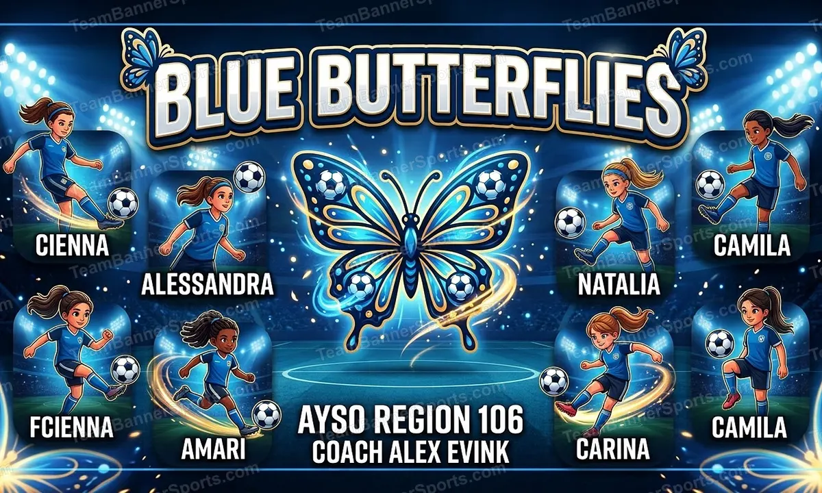 Blue Butterflies soccer team banner created with AI