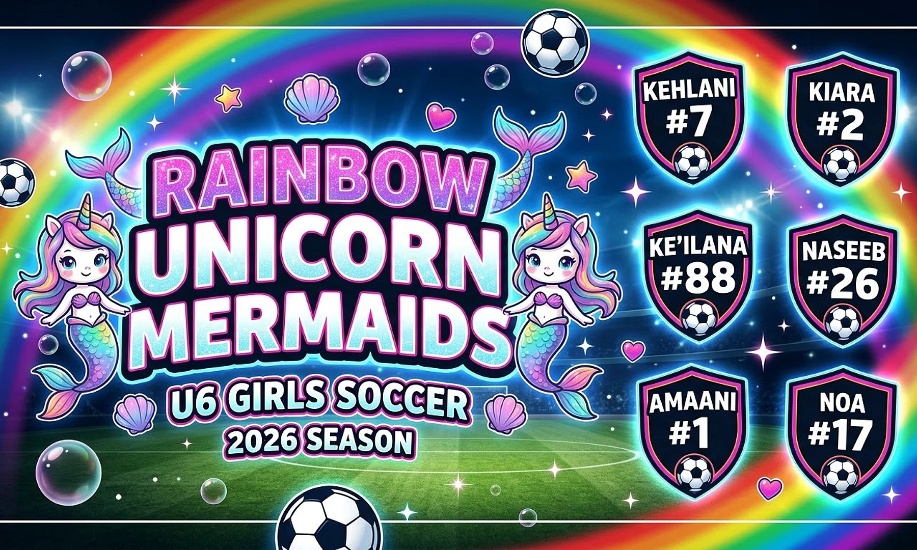 Rainbow Unicorn Mermaids soccer team banner created with AI