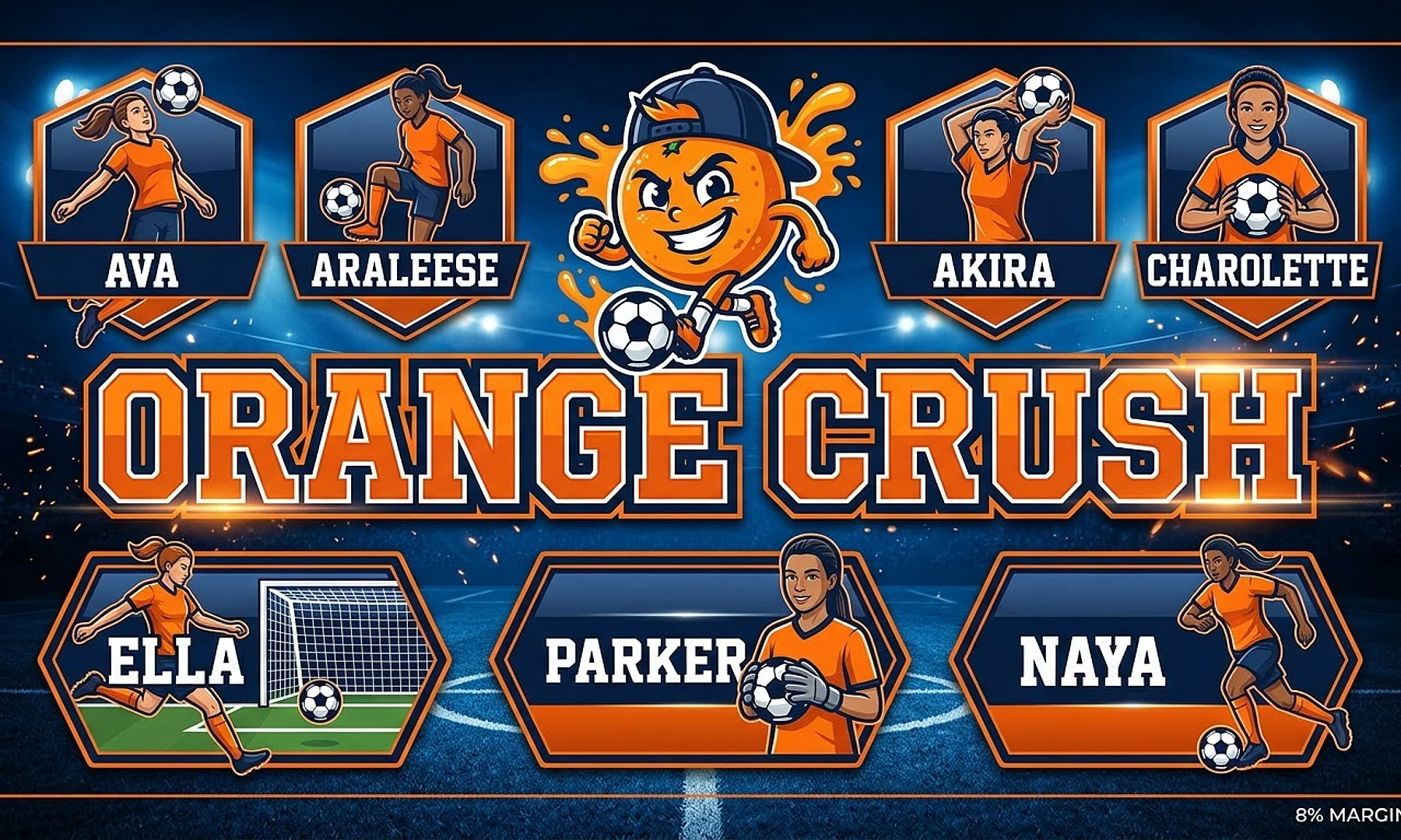 ORANGE CRUSH soccer team banner created with AI