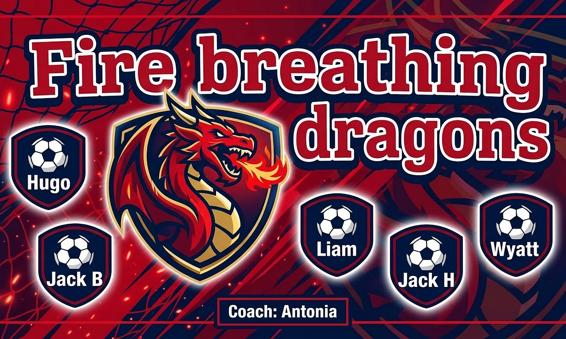 Fire breathing dragons soccer team banner created with AI