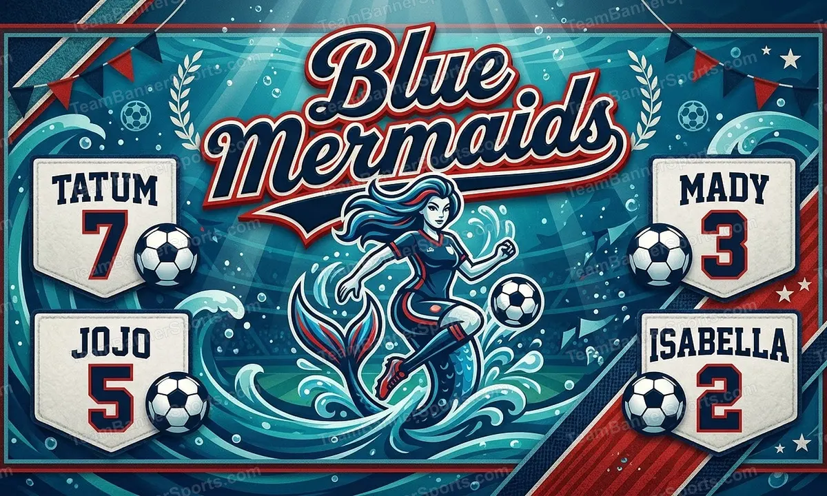 Blue mermaids soccer team banner created with AI