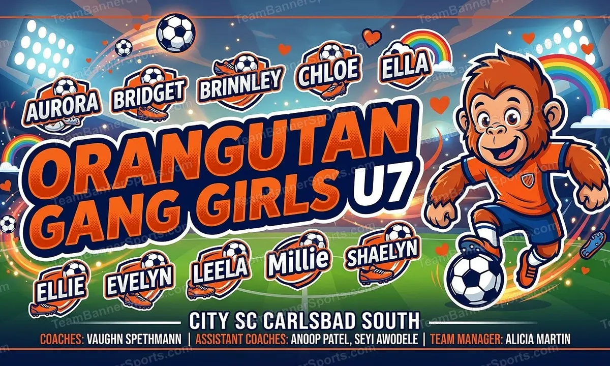 Orangutan Gang Girls U7 soccer team banner created with AI
