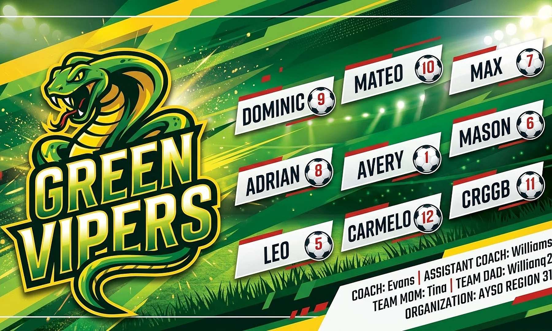 Green Vipers soccer team banner created with AI