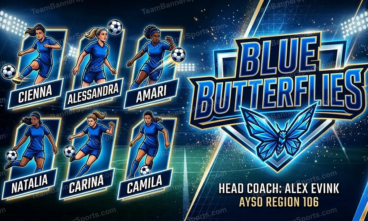 Blue Butterflies soccer team banner created with AI