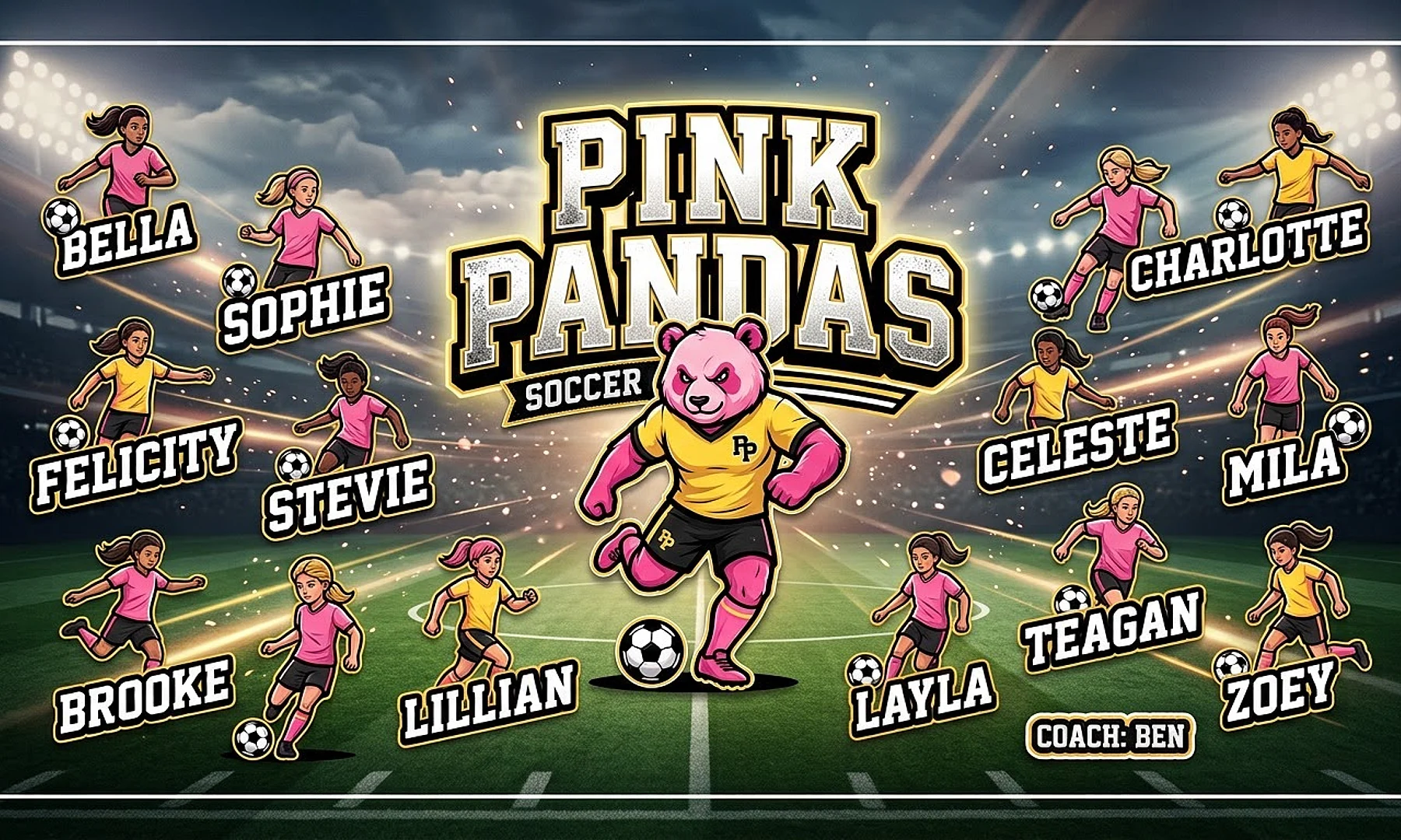 Pink Pandas soccer team banner created with AI