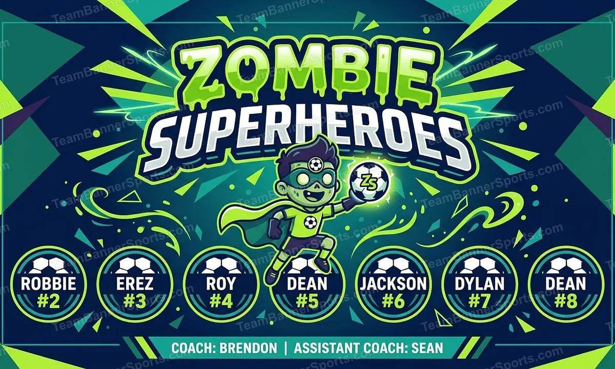 Zombie Superheroes soccer team banner created with AI
