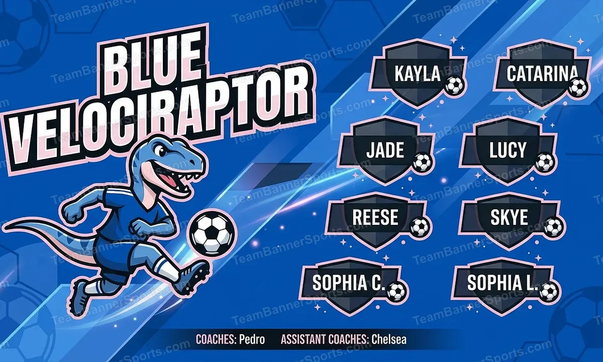 Blue Velociraptor soccer team banner created with AI