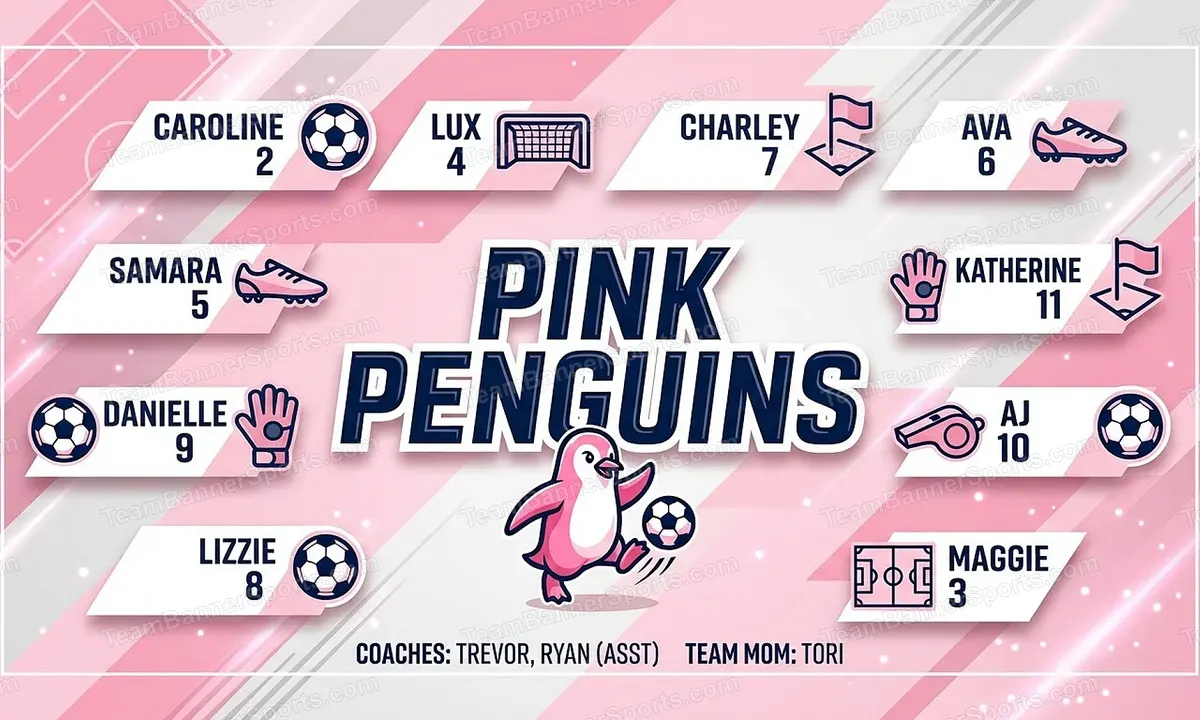 Pink Penguins soccer team banner created with AI