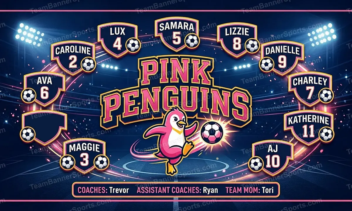 Pink Penguins soccer team banner created with AI