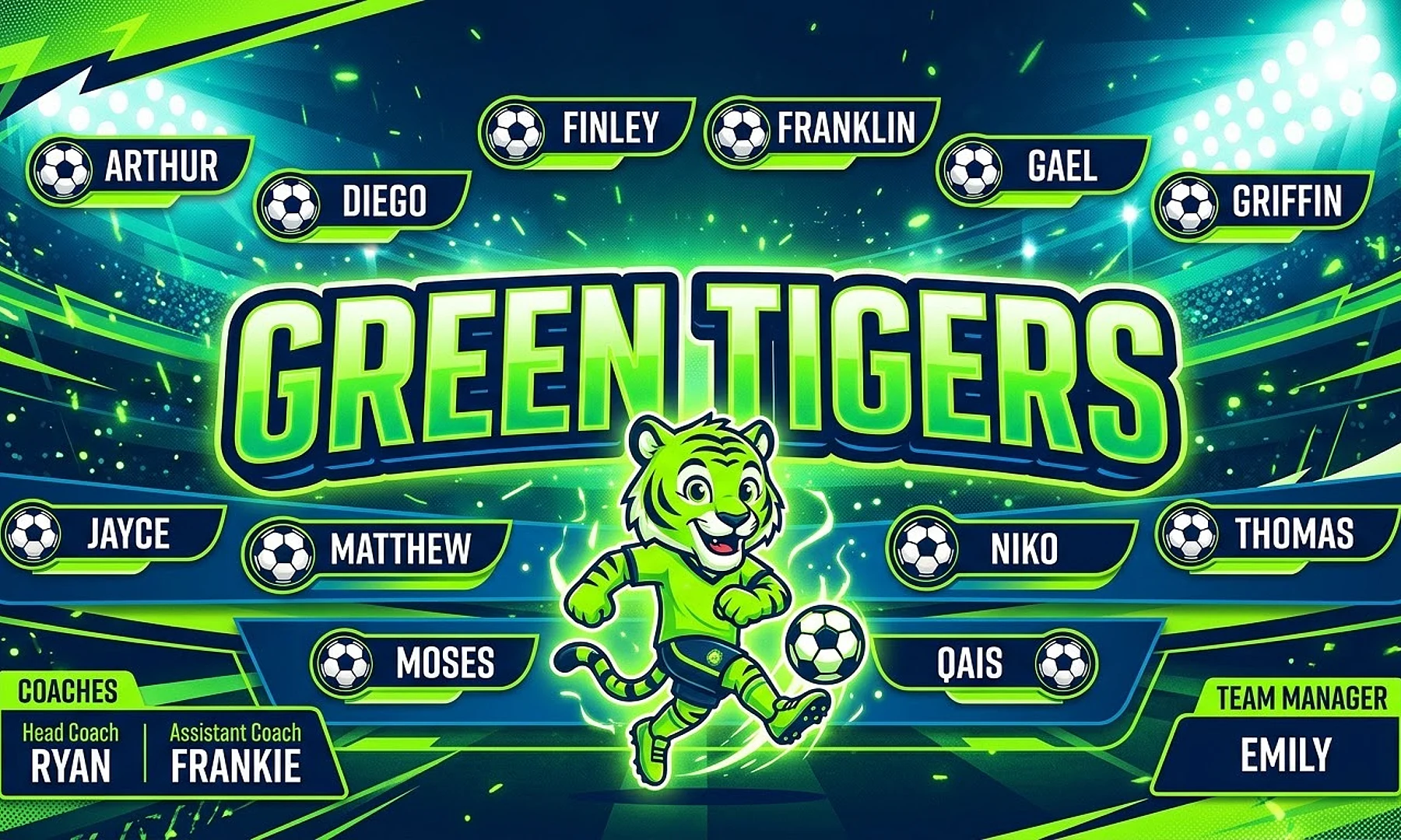 Green Tigers soccer team banner created with AI