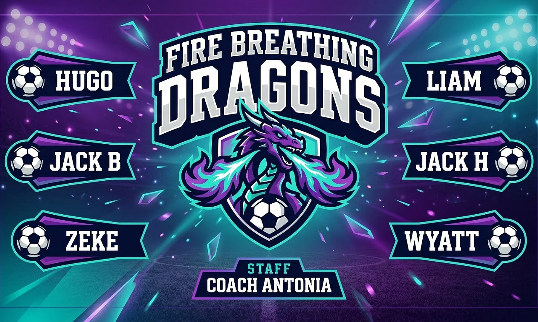 Fire breathing dragons soccer team banner created with AI