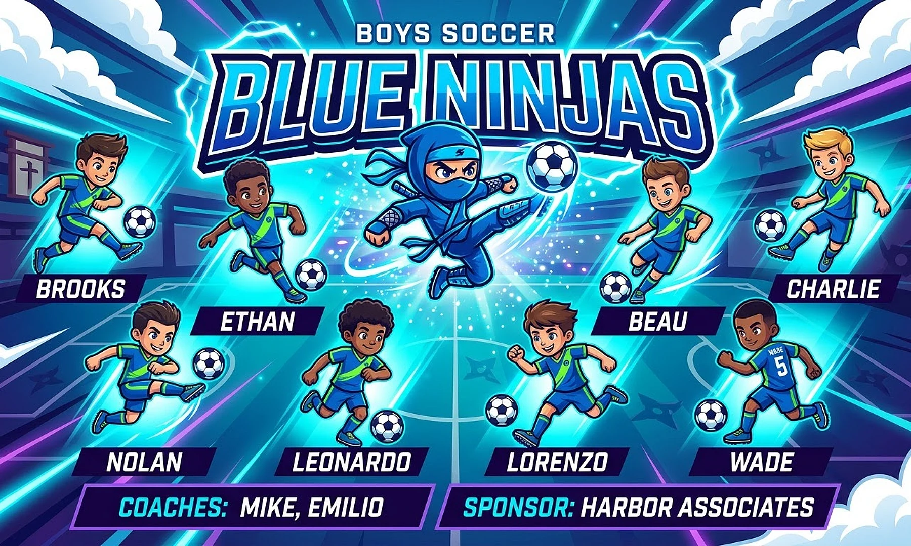 Blue Ninjas soccer team banner created with AI