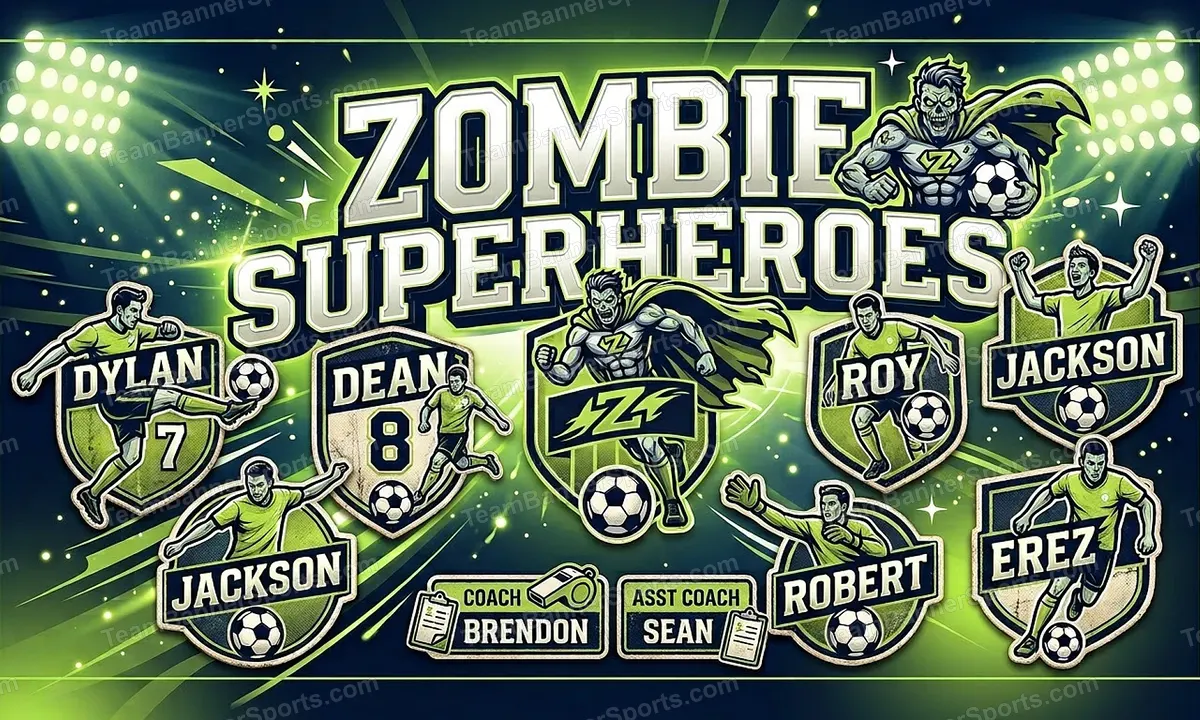 Zombie Superheroes soccer team banner created with AI