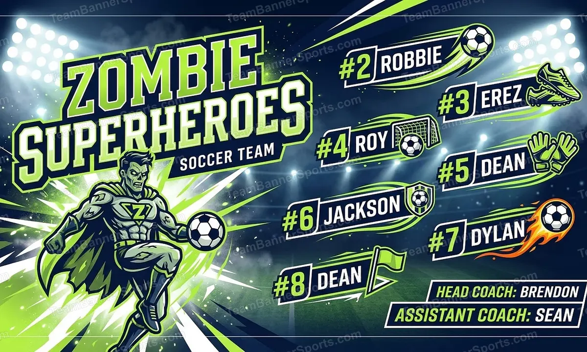 Zombie Superheroes soccer team banner created with AI