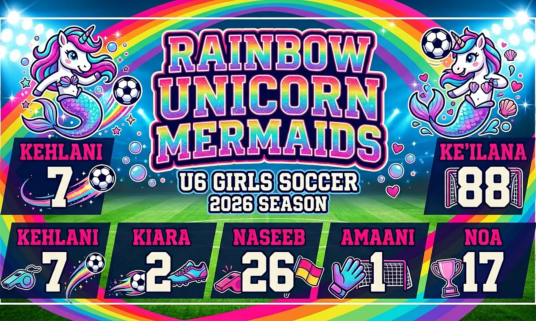 Rainbow Unicorn Mermaids soccer team banner created with AI