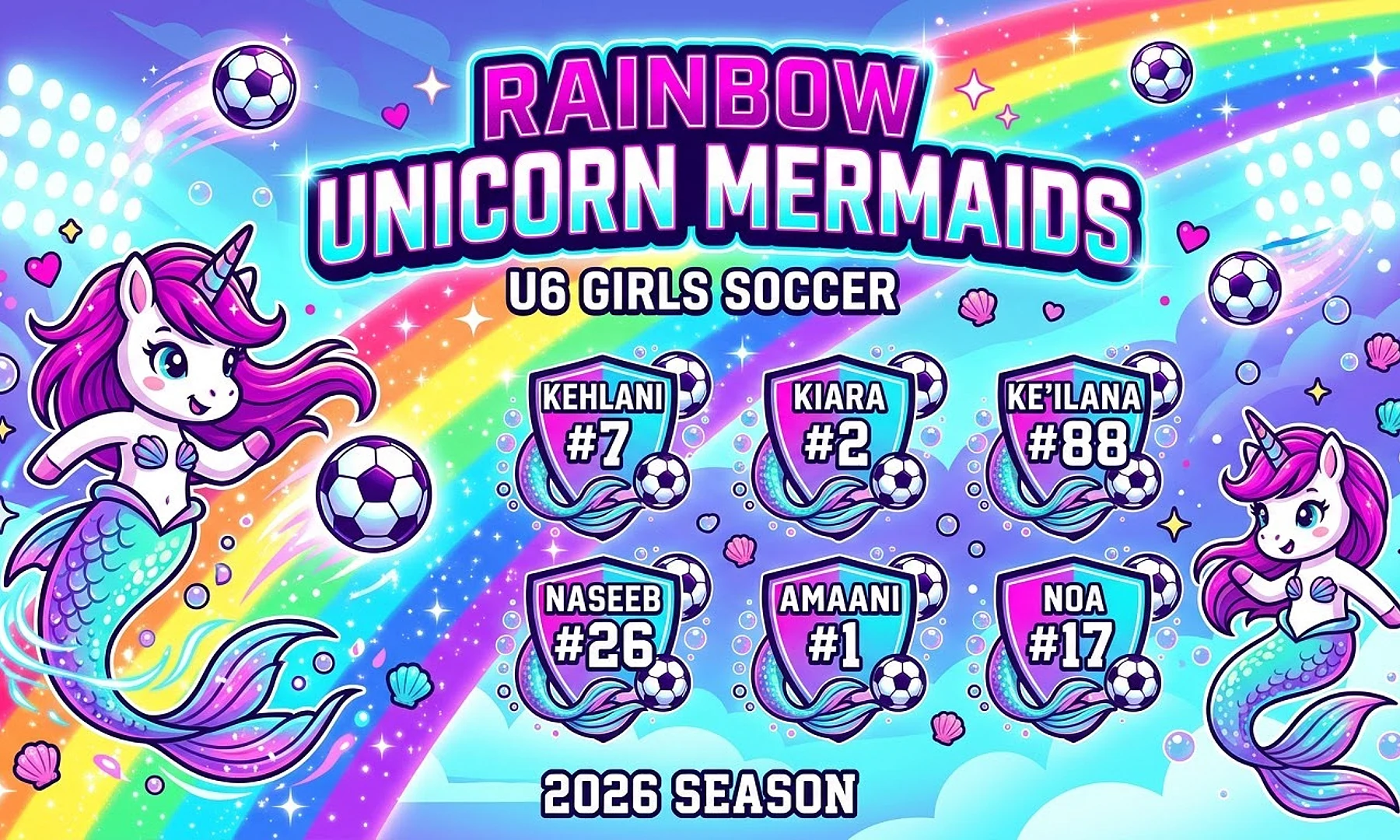 Rainbow Unicorn Mermaids soccer team banner created with AI