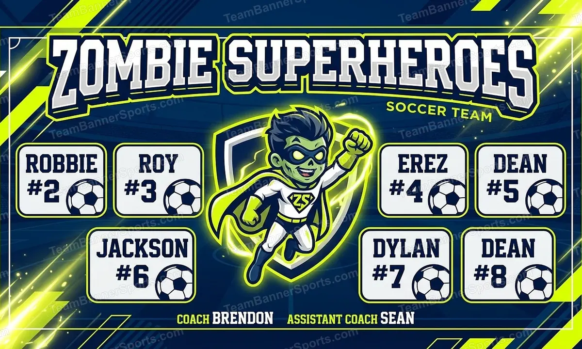 Zombie Superheroes soccer team banner created with AI