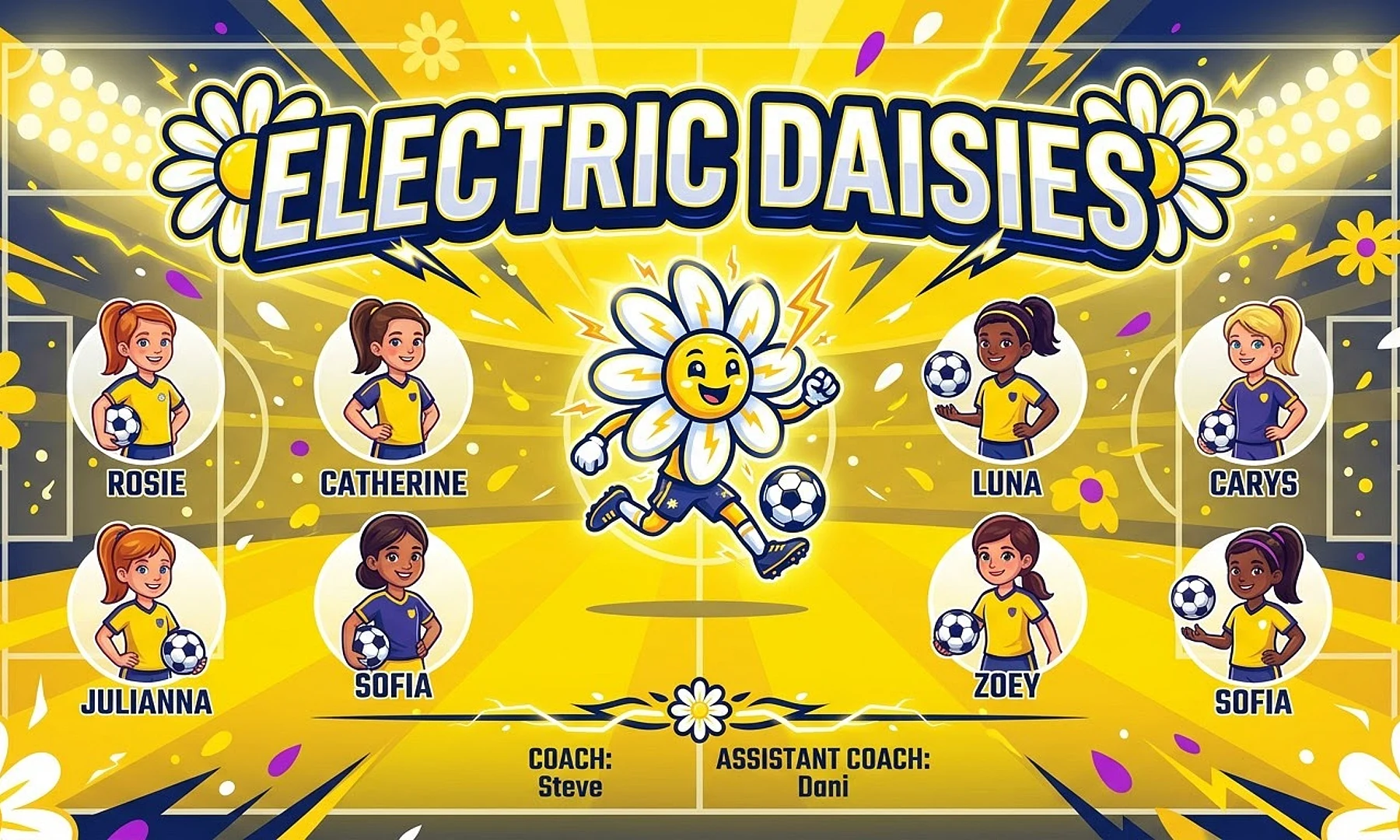 Electric Daisies soccer team banner created with AI