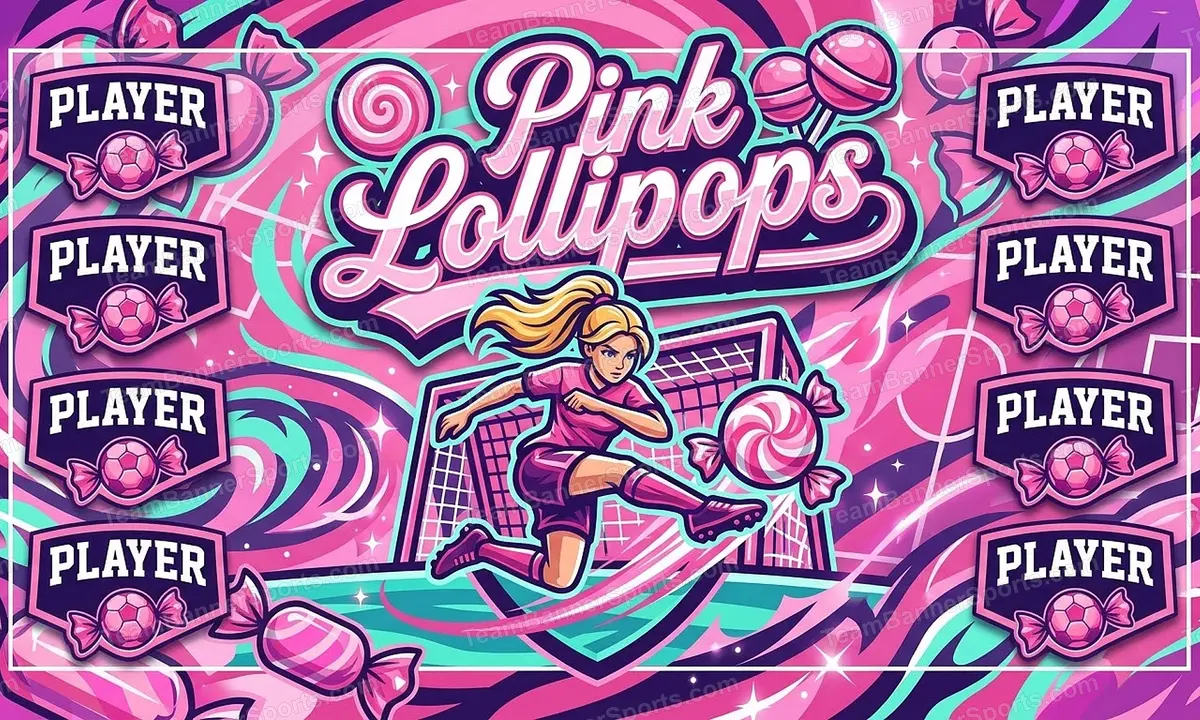 Pink lollipops soccer team banner created with AI