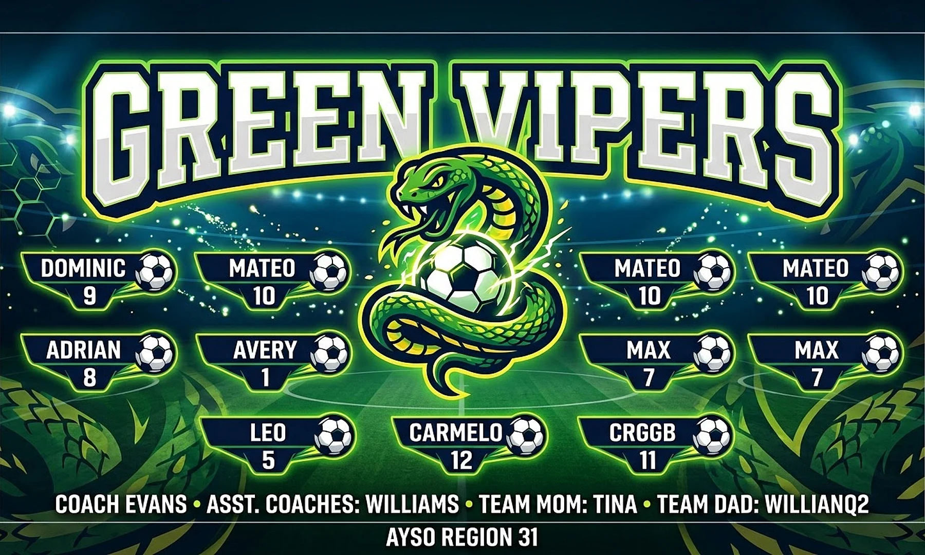 Green Vipers soccer team banner created with AI